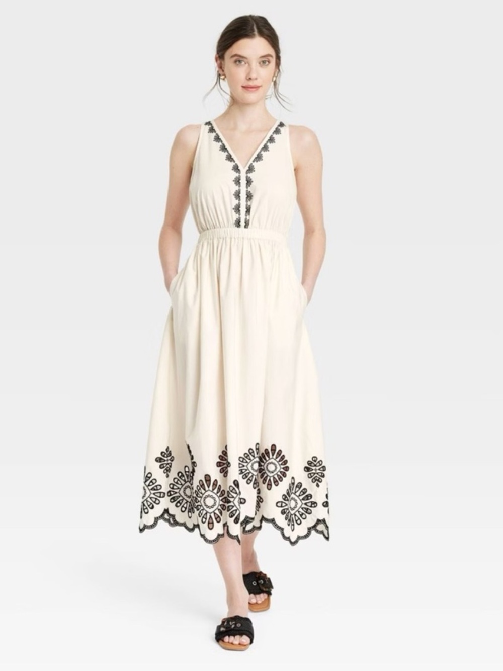 Universal Thread Women's Vneck Eyelet Maxi Sundress Cream Black SZ Small